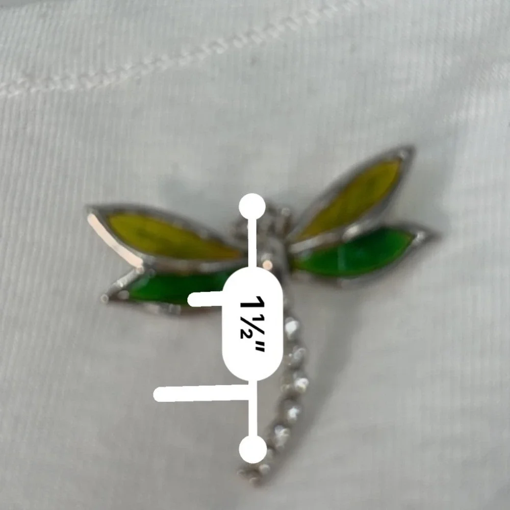 Silver Tone Dragonfly Brooch Green Yellow Enamel Wings Clear Rhinestone 103-235